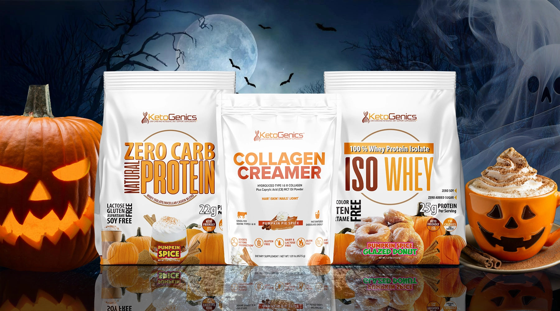 Pumpkin flavor proteins and collagen in Halloween scene.